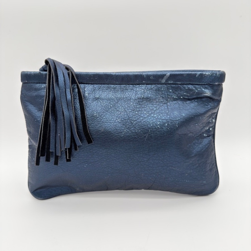 Rebecca Norman Metallic‎ Blue Leather Clutch Tassel Pink Lining
